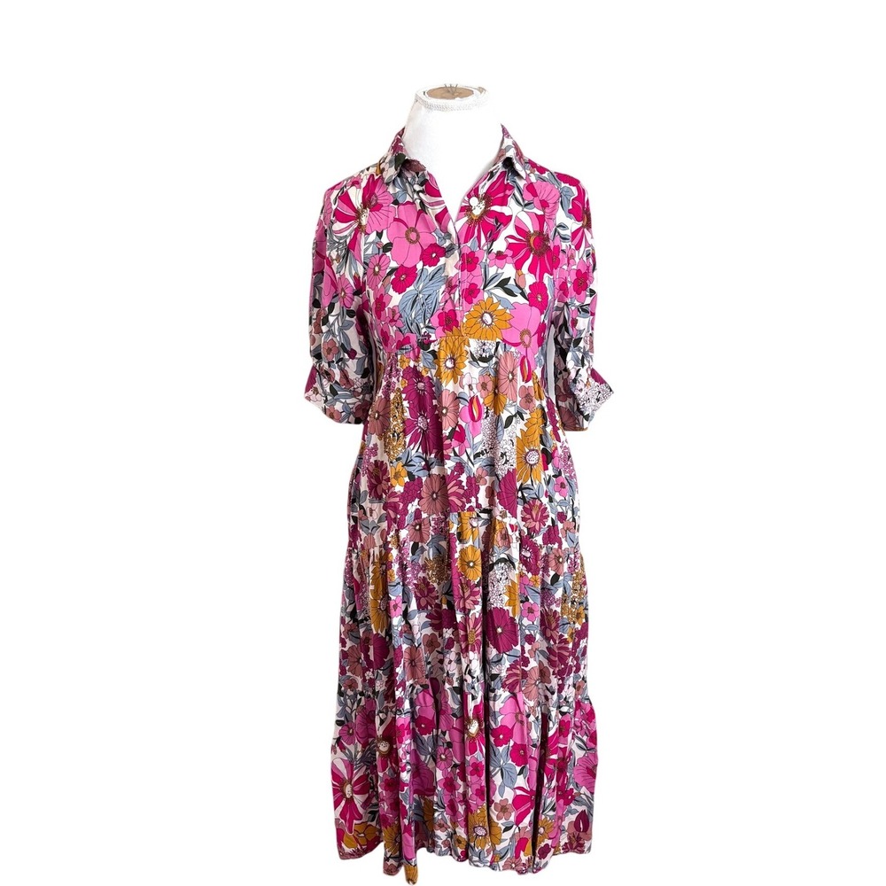 Natural Life Rebecca Tiered Floral Boho Midi Dress XS Pink Beachy Peasant Whimsy